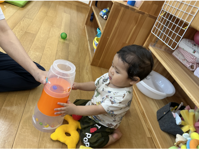 中のボールが転がっていく様子を真剣な眼差しで見つめています！