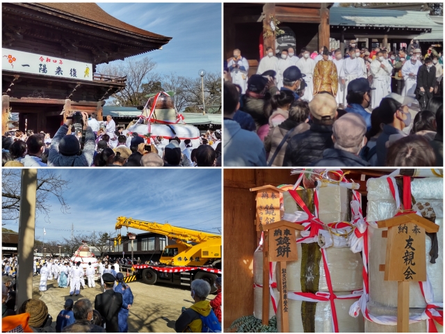 大鏡餅と烏帽子姿の神男