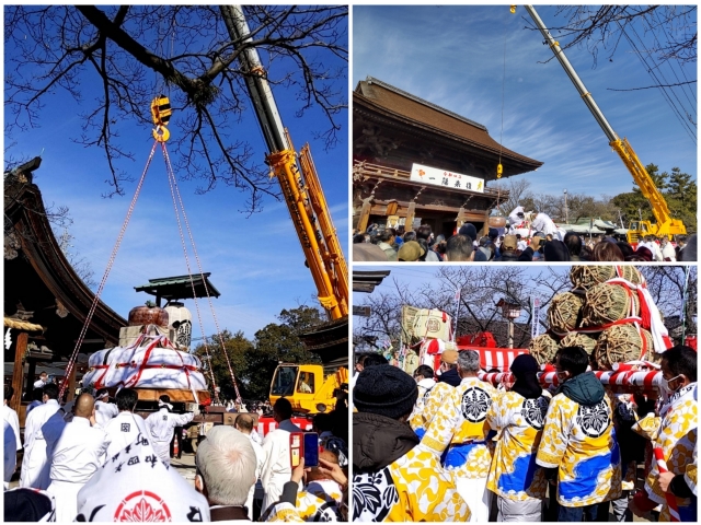 大鏡餅はクレーンを使って吊り上げます。