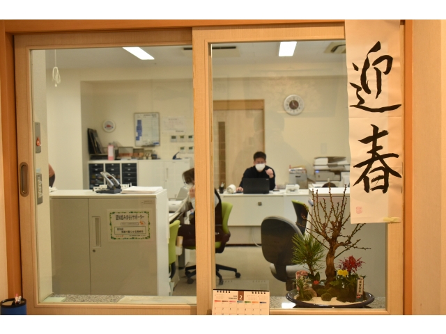 事務所受付には梅の花の寄せ植えを🌺