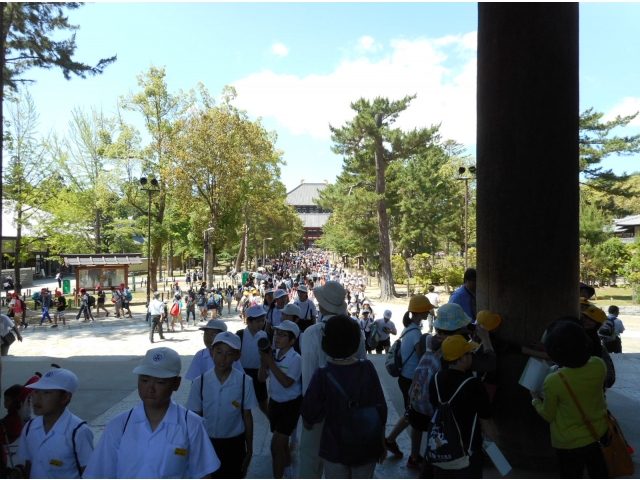 東大寺「南大門」から「大仏殿」まで続く団体客の列